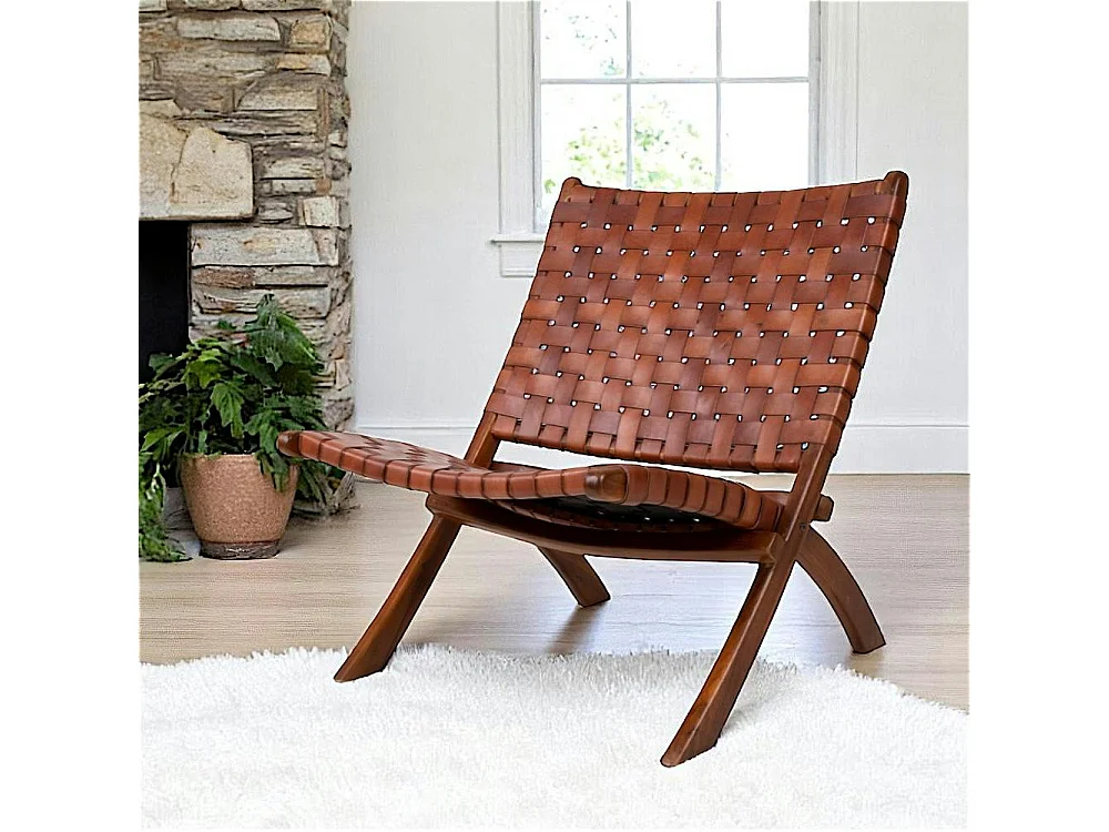 Fauteuil en cuir marron et bois de teck MENDOZA
