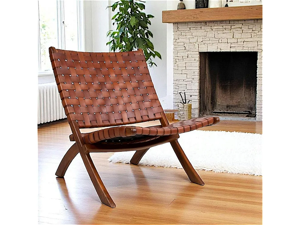 Fauteuil en cuir marron et bois de teck MENDOZA