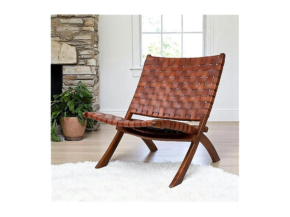 Fauteuil en cuir marron et bois de teck MENDOZA