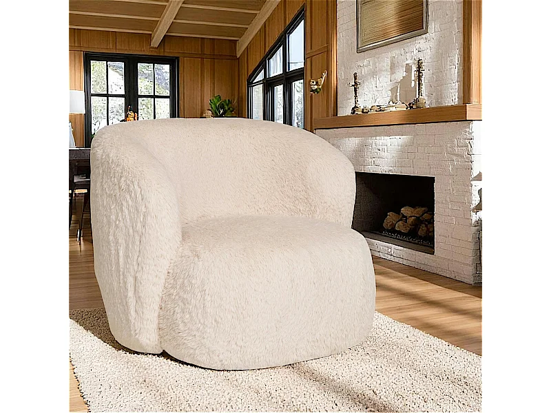 Gros fauteuil en fausse fourrure, couleur blanc cassé BERLIN