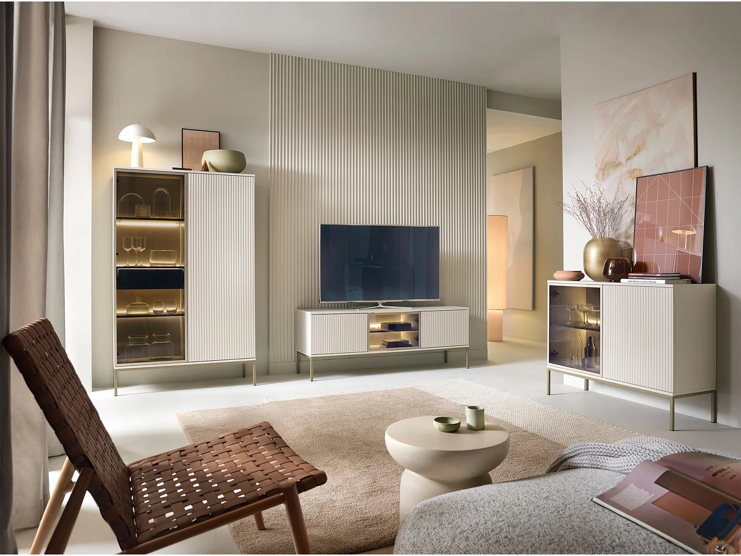 Meuble TV 3 portes avec LED - 154 cm - grège - TOSENA