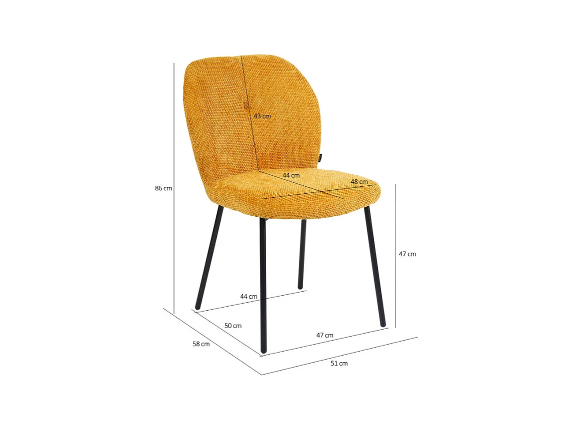 Chaise rembourré en tissu jaune doux pieds métal noir - LEONA