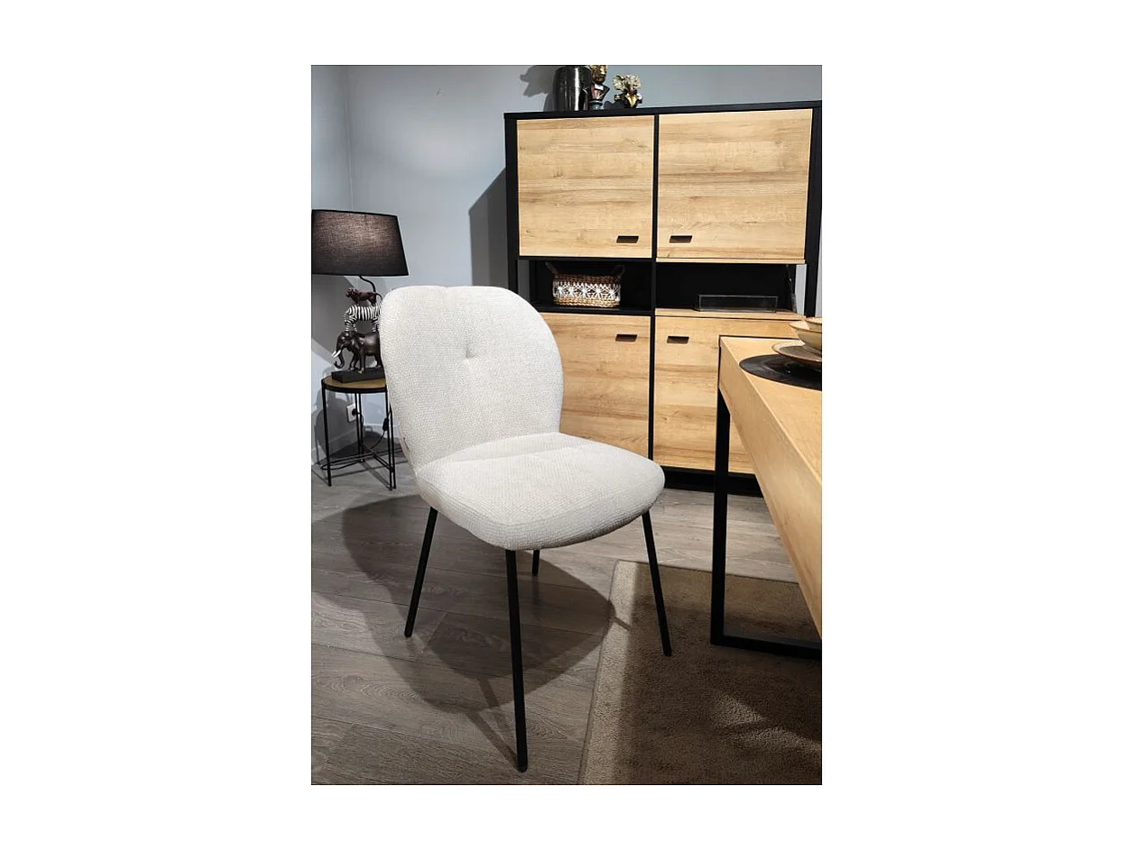 Lot 2 chaises rembourré tissu écru doux pieds métal noir - LEONA