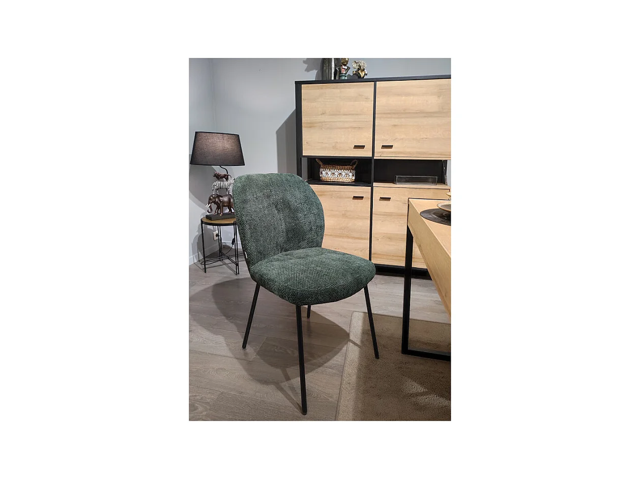 Chaise rembourré tissu vert foncé doux et pieds métal noir - LEONA