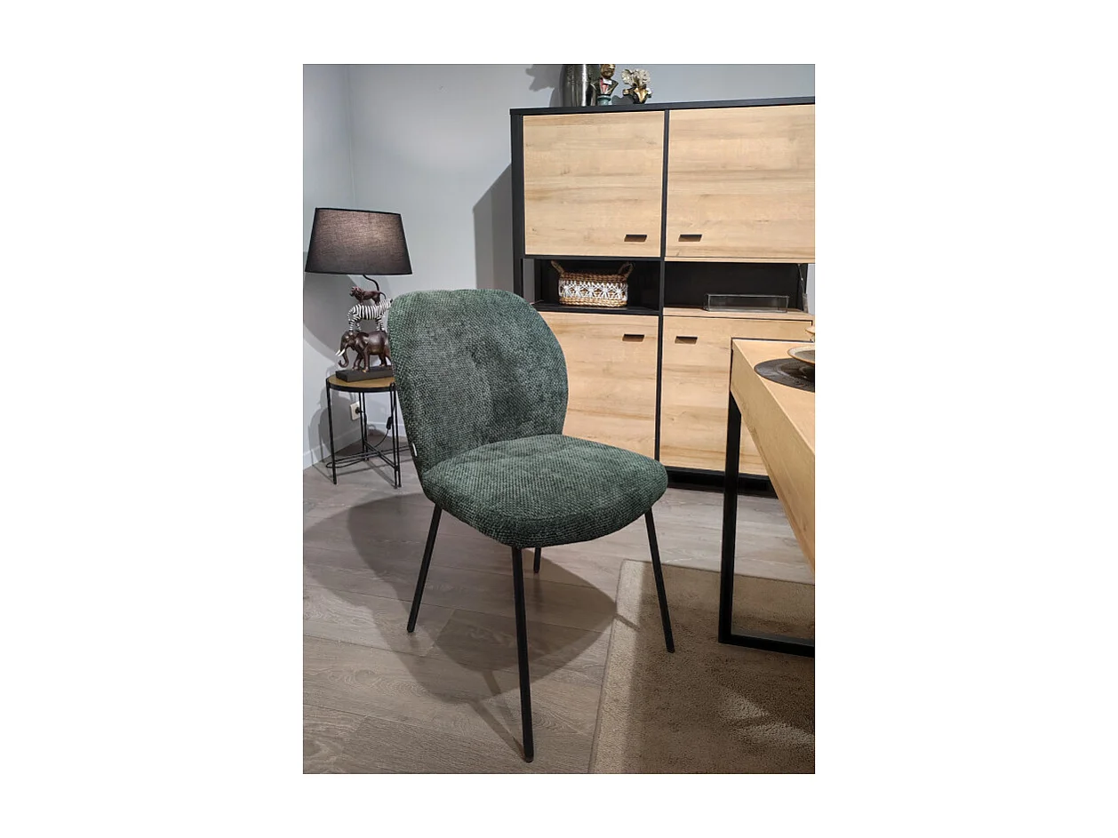 Chaise rembourré tissu vert foncé doux et pieds métal noir - LEONA