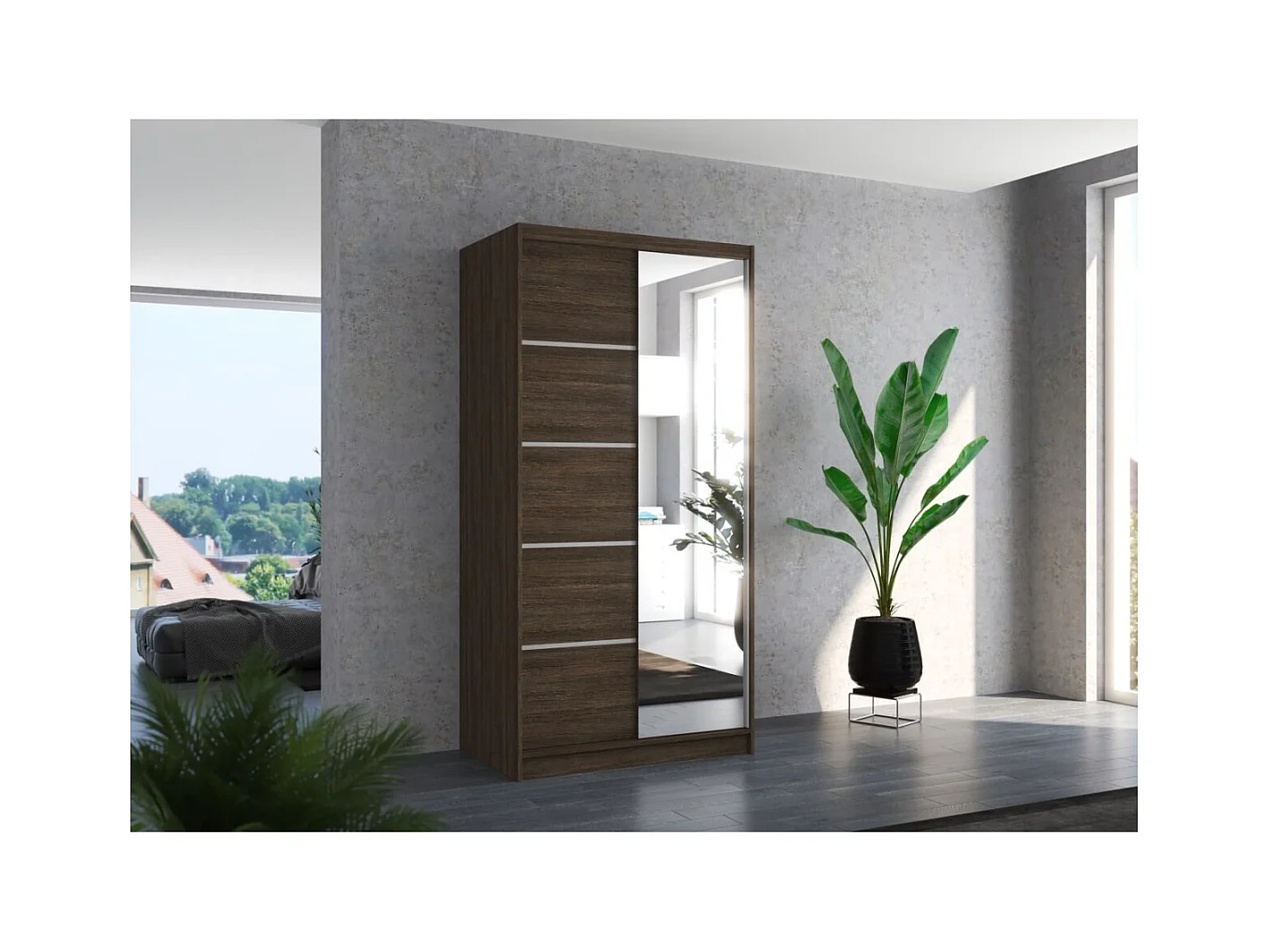 Armoire Pino (100cm)/Miroir/Portes coulissantes/Marron