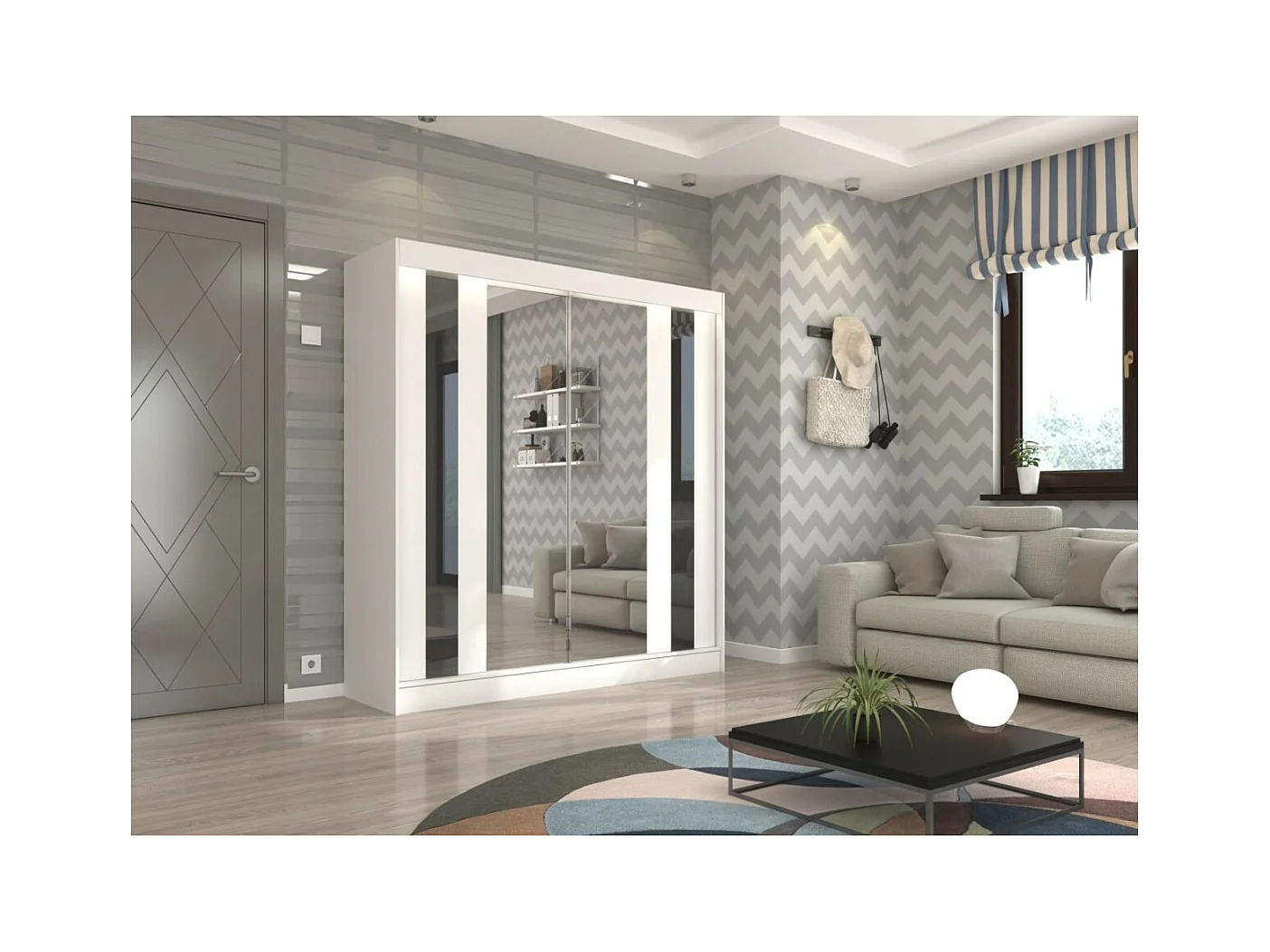 Armoire Kiran (200cm)/Miroir/Portes coulissantes/Blanc