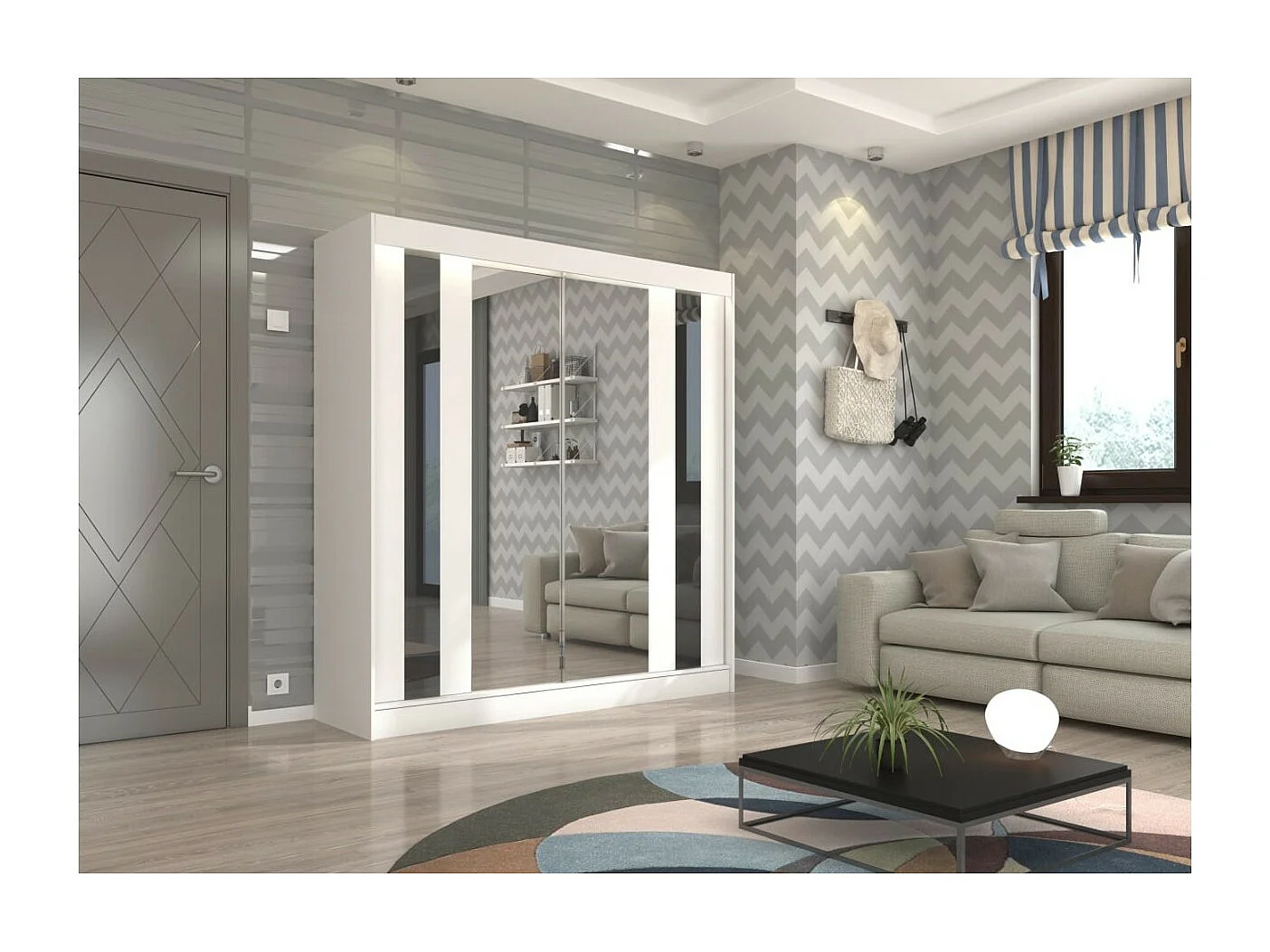 Armoire Kiran (200cm)/Miroir/Portes coulissantes/Blanc