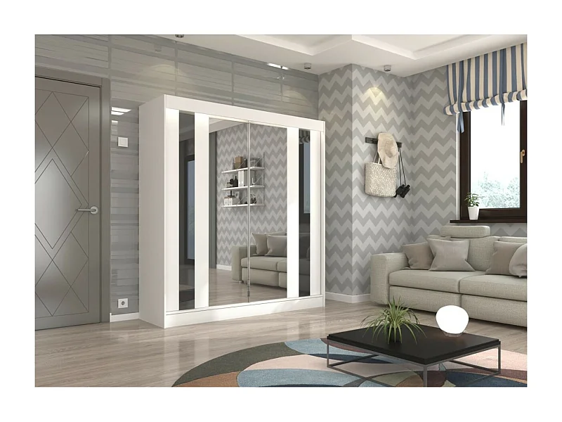 Armadio Kiran (200cm)/Specchio/Ante scorrevoli/Bianco