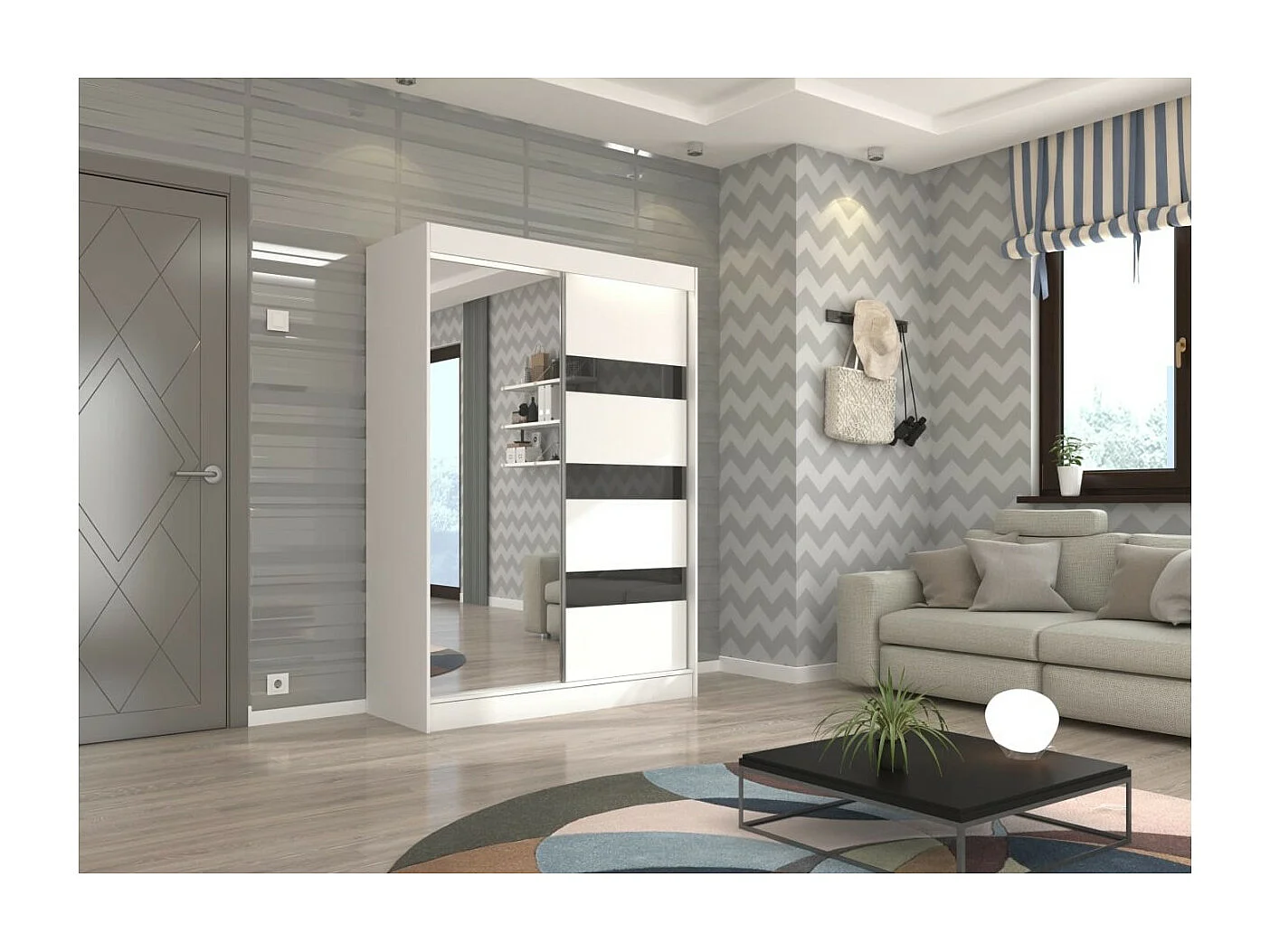 Armoire Thora (150cm)/Miroir/Portes coulissantes/Blanc