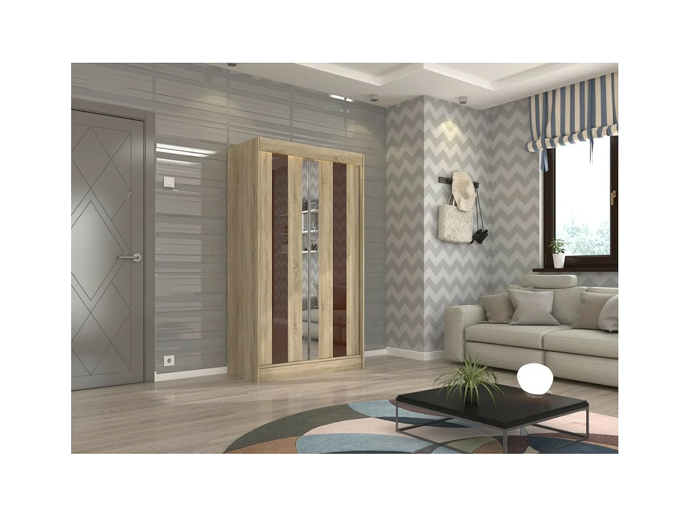 Armadio Kiran (120cm)/Specchio/Ante scorrevoli/Beige