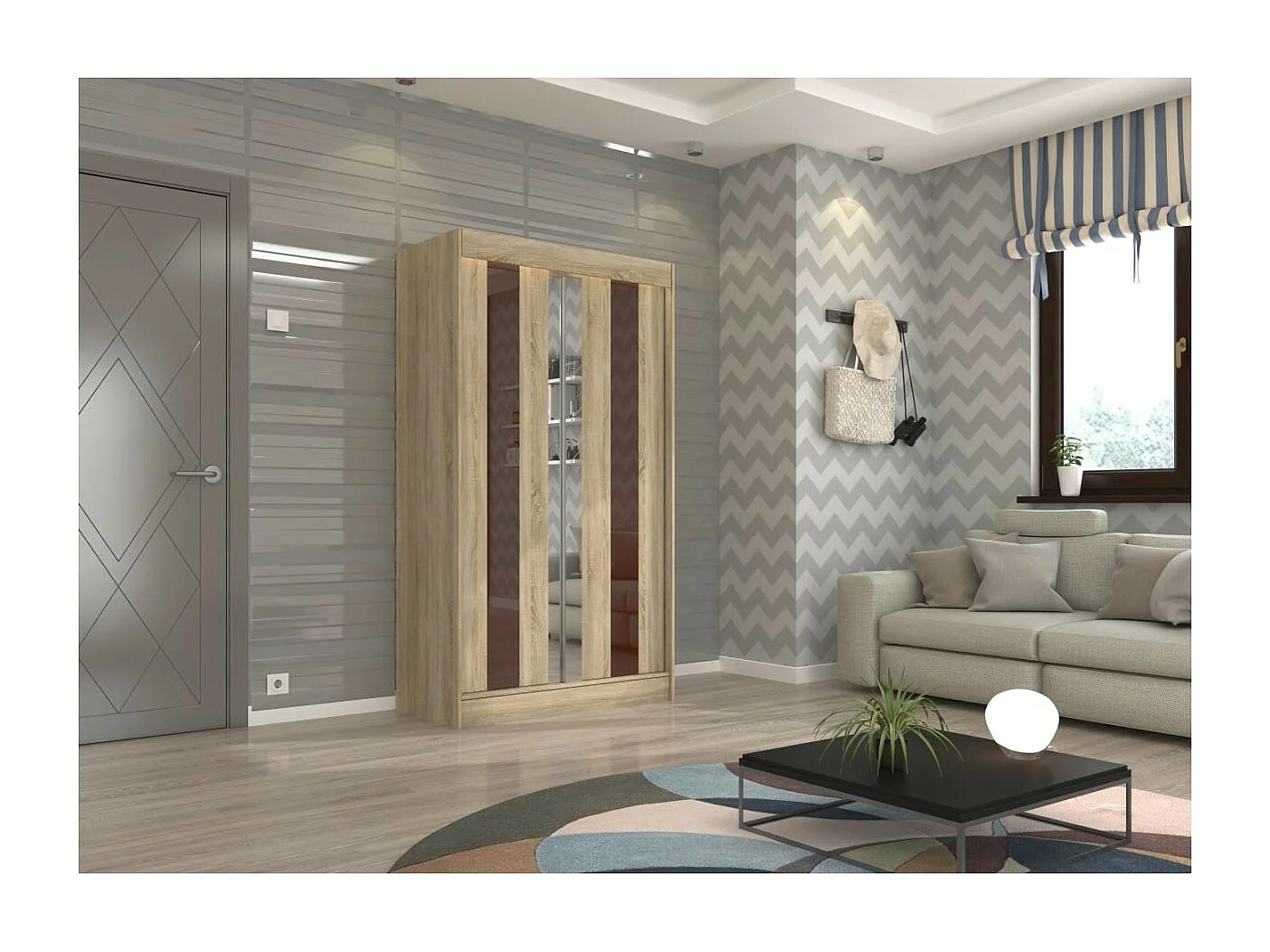 Kleiderschrank Kiran (120cm)/Spiegel/Schiebetüren/Beige