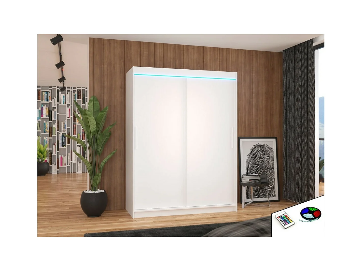 Armadio Lucio (150cm)/ante scorrevoli/LED/Bianco