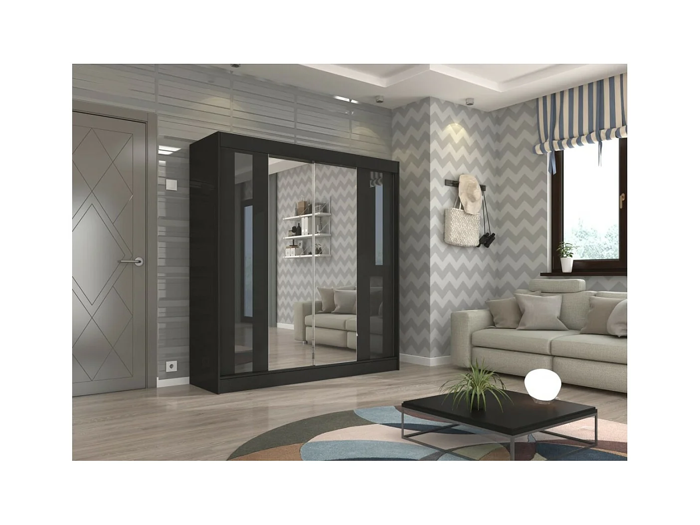 Kleiderschrank Kiran (200cm)/Spiegel/Schiebetüren/Schwarz