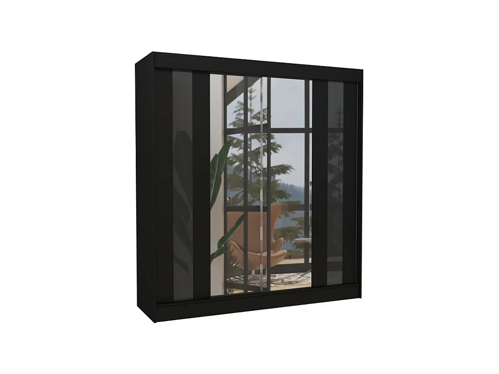Kleiderschrank Kiran (200cm)/Spiegel/Schiebetüren/Schwarz