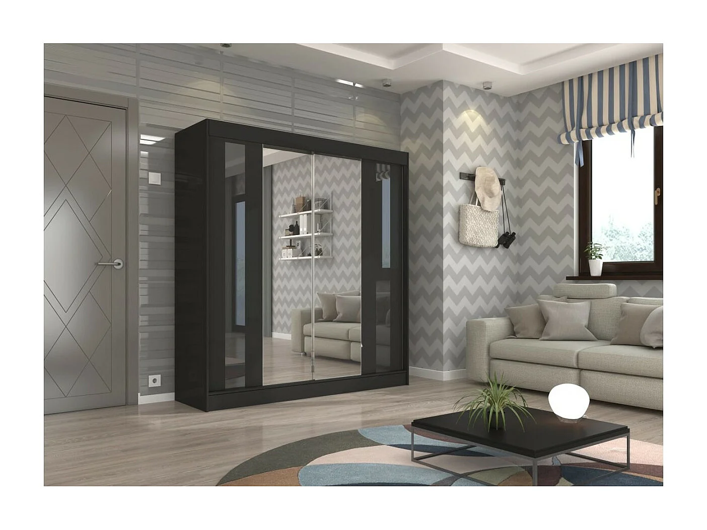 Armadio Kiran (200cm)/Specchio/Ante scorrevoli/Nero