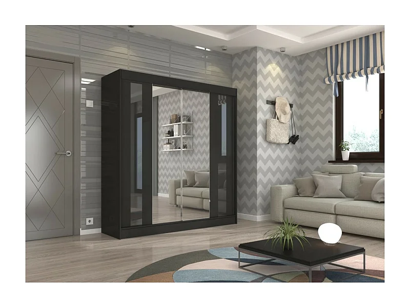 Kleiderschrank Kiran (200cm)/Spiegel/Schiebetüren/Schwarz