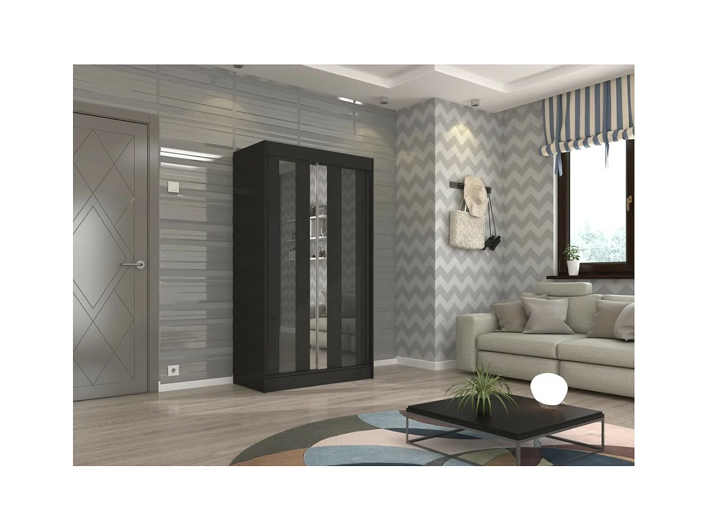 Kleiderschrank Kiran (120cm)/Spiegel/Schiebetüren/Schwarz