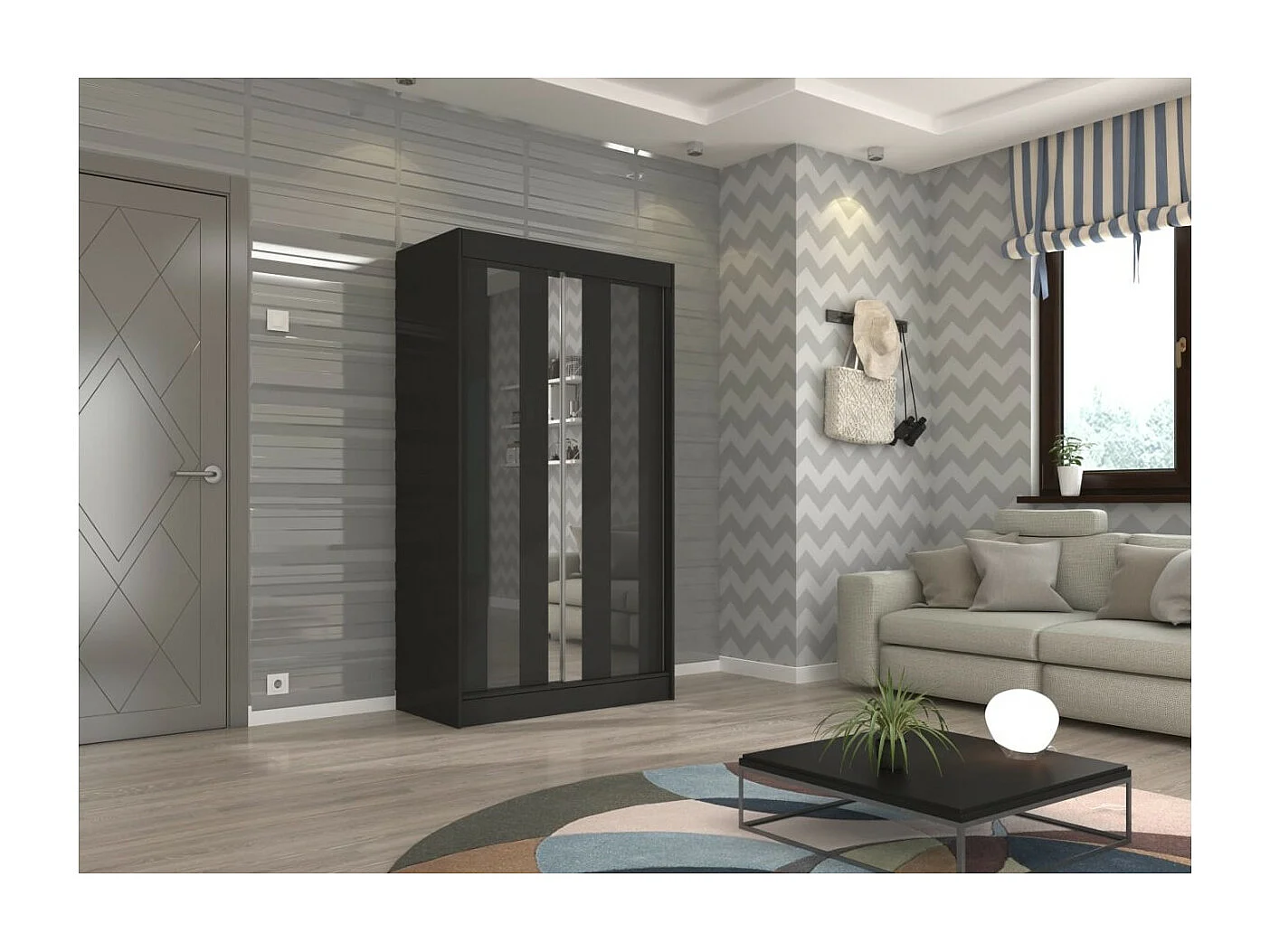 Armadio Kiran (120cm)/Specchio/Ante scorrevoli/Nero