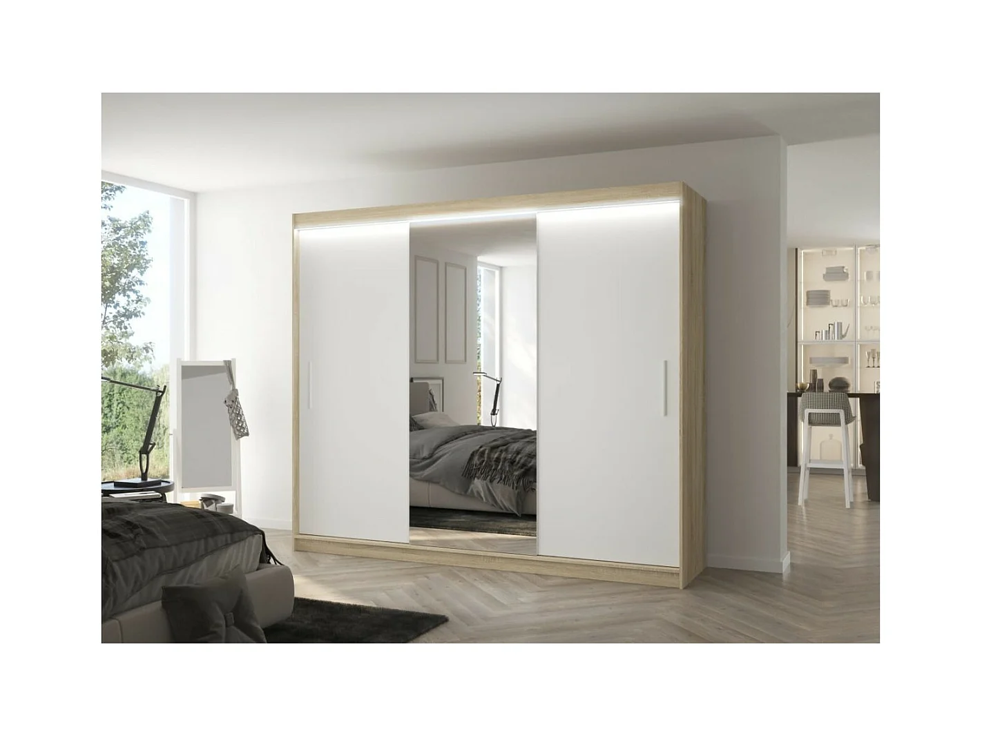 Armoire Bargala (250cm)/Miroir/LED/Portes coulissantes/Sonoma&Blanc
