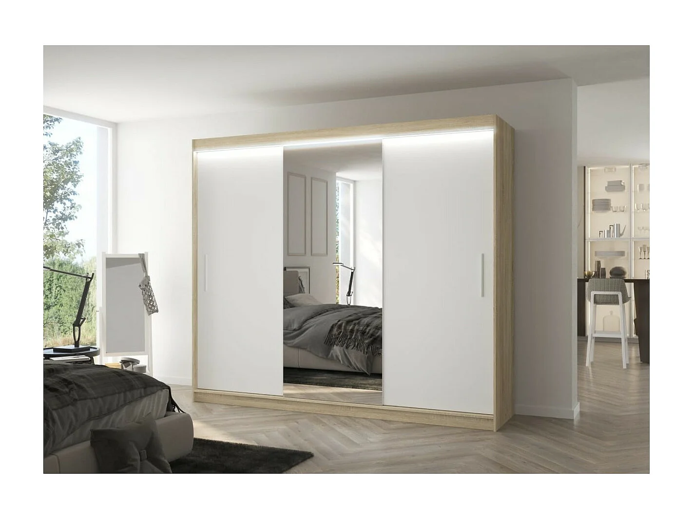 Kleiderschrank Bargala (250cm)/Spielgel/LED/Schiebetüren/Sonoma&WEiss