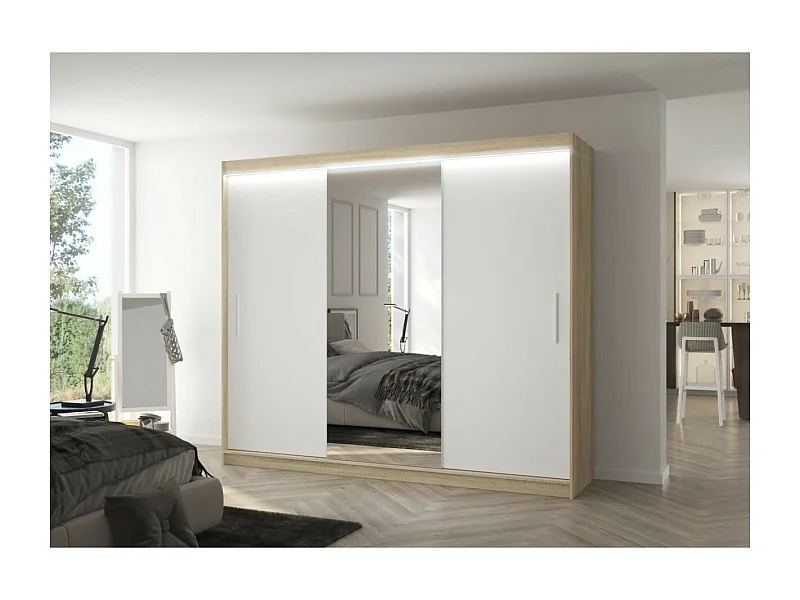 Kleiderschrank Bargala (250cm)/Spielgel/LED/Schiebetüren/Sonoma&WEiss
