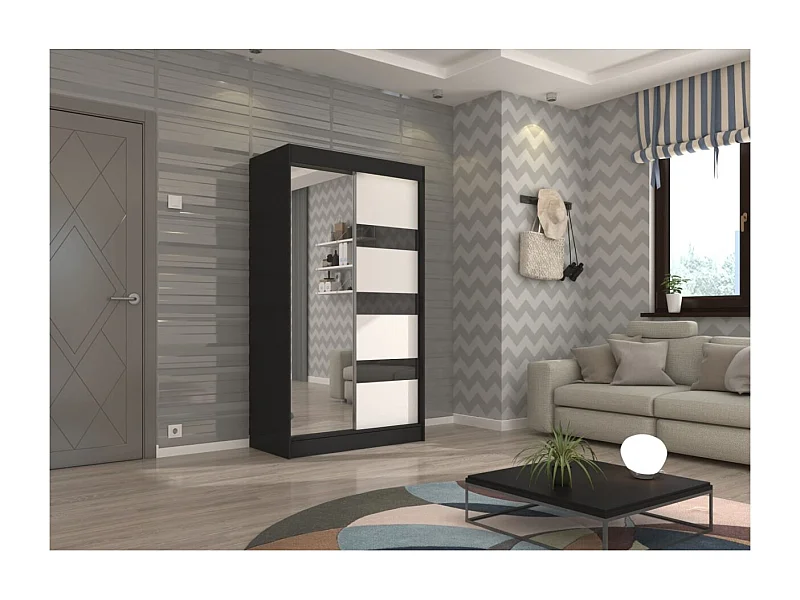Armoire Thora (120cm)/Miroir/Portes coulissantes/Noir&Blanc