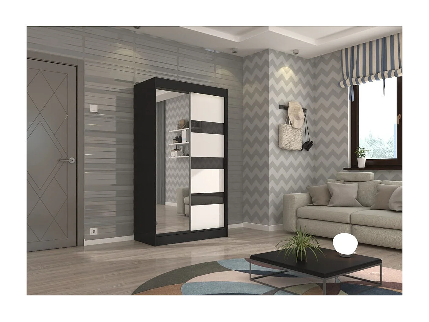 Armadio Thora (120cm)/Specchio/Ante scorrevoli/Nero&Bianco