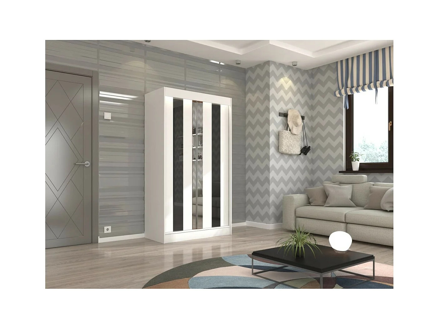 Kleiderschrank Kiran (120cm)/Spiegel/Schiebetüren/Weiss