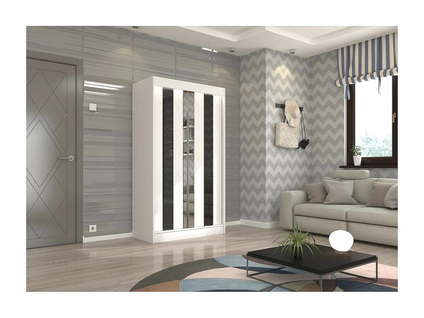 Armadio Kiran (120cm)/Specchio/Ante scorrevoli/Bianco