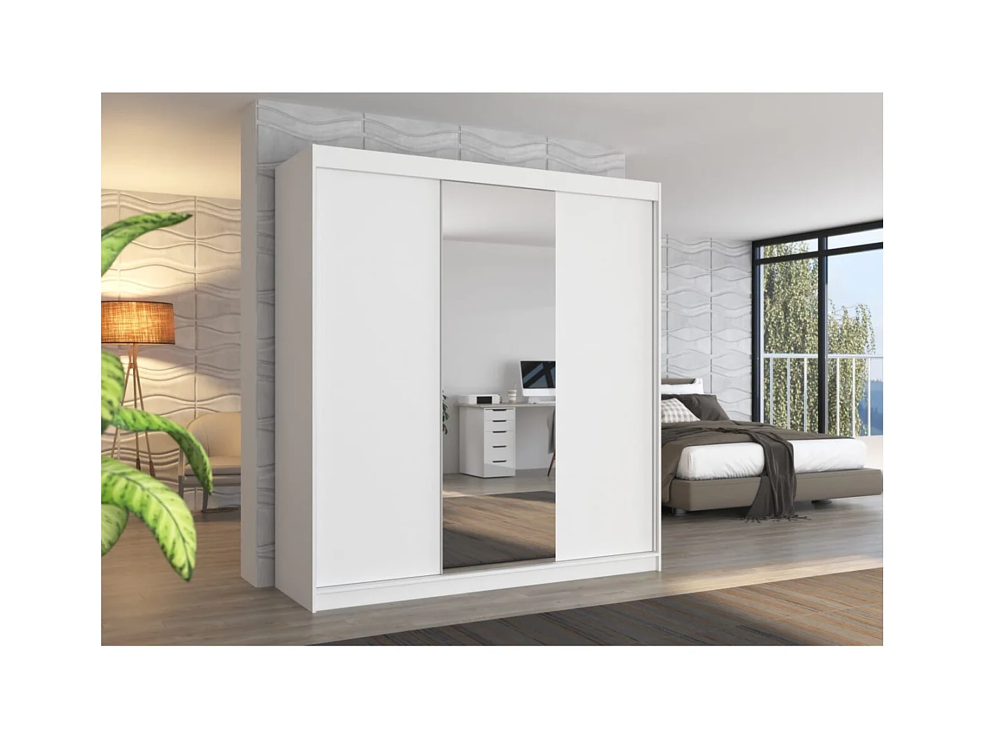 Armoire Lima (200cm)/Miroir/Portes coulissantes/Blanc