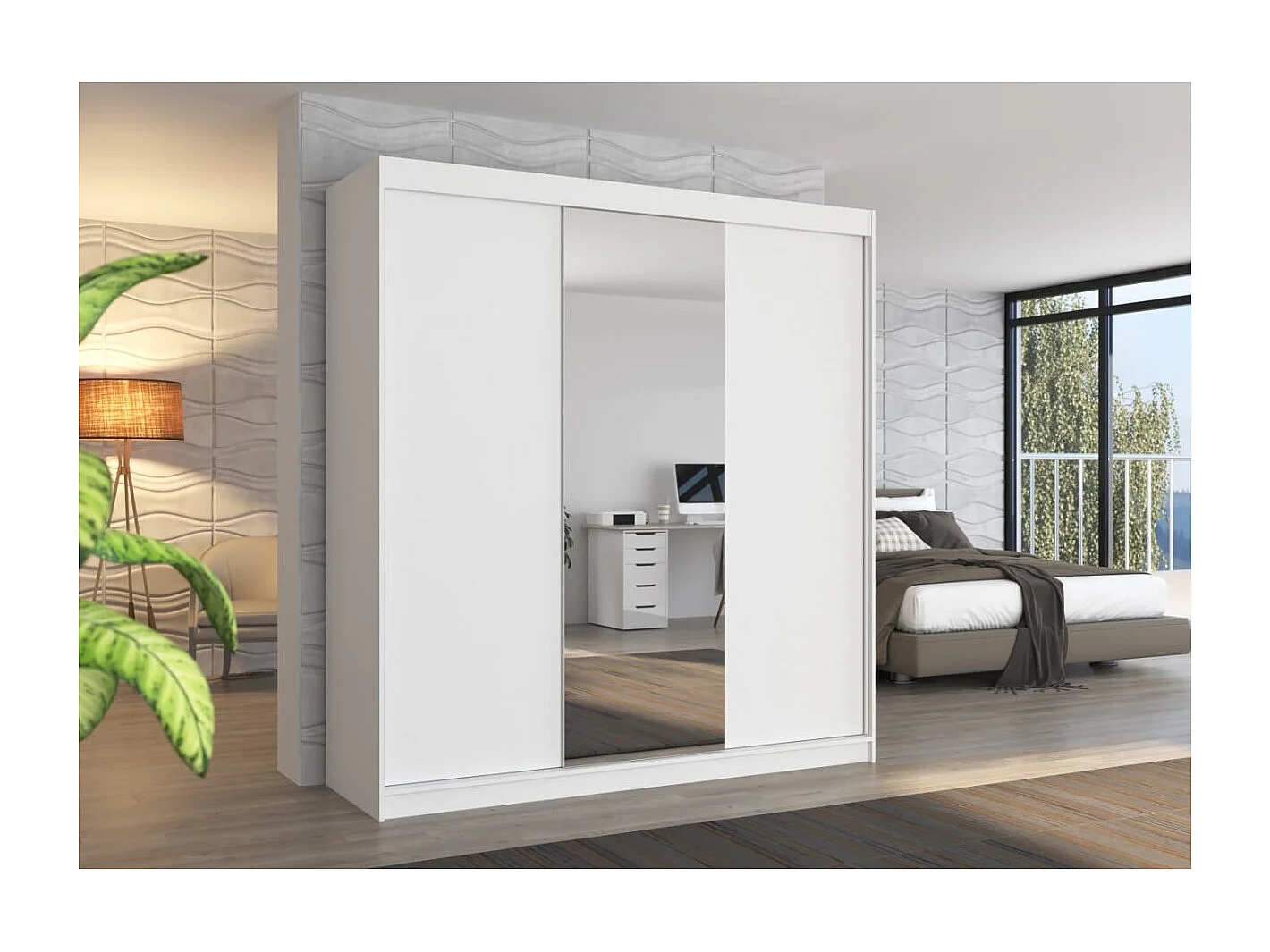 Armoire Lima (200cm)/Miroir/Portes coulissantes/Blanc