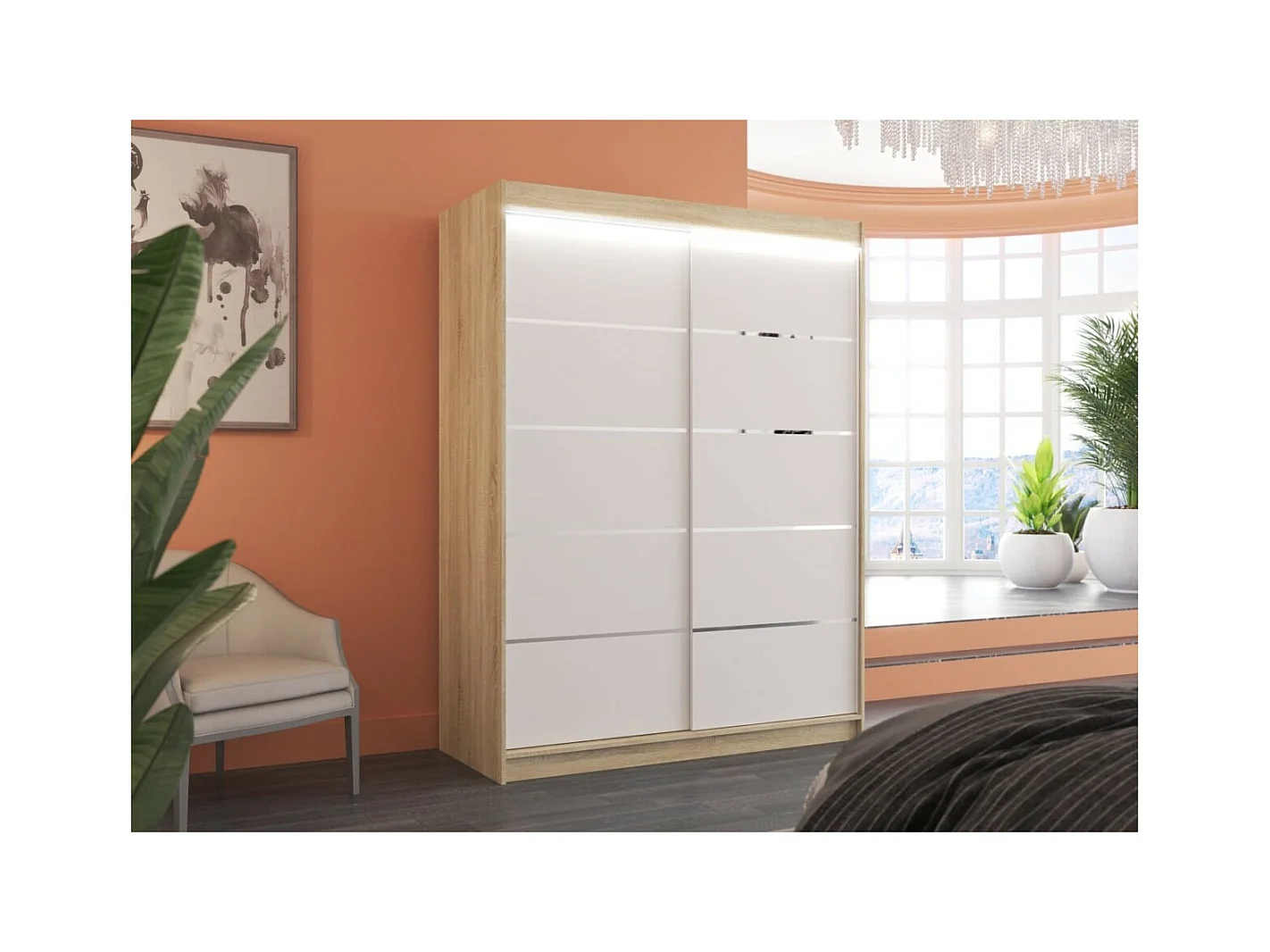 Armadio Soro (150cm)/ante scorrevoli/LED/Sonoma&Bianco