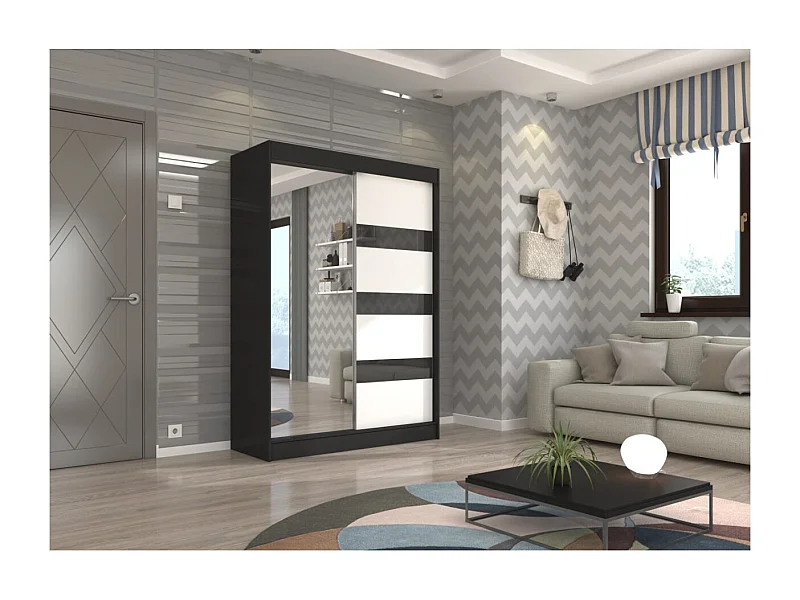 Armadio Thora (150cm)/Specchio/Ante scorrevoli/Nero&Bianco