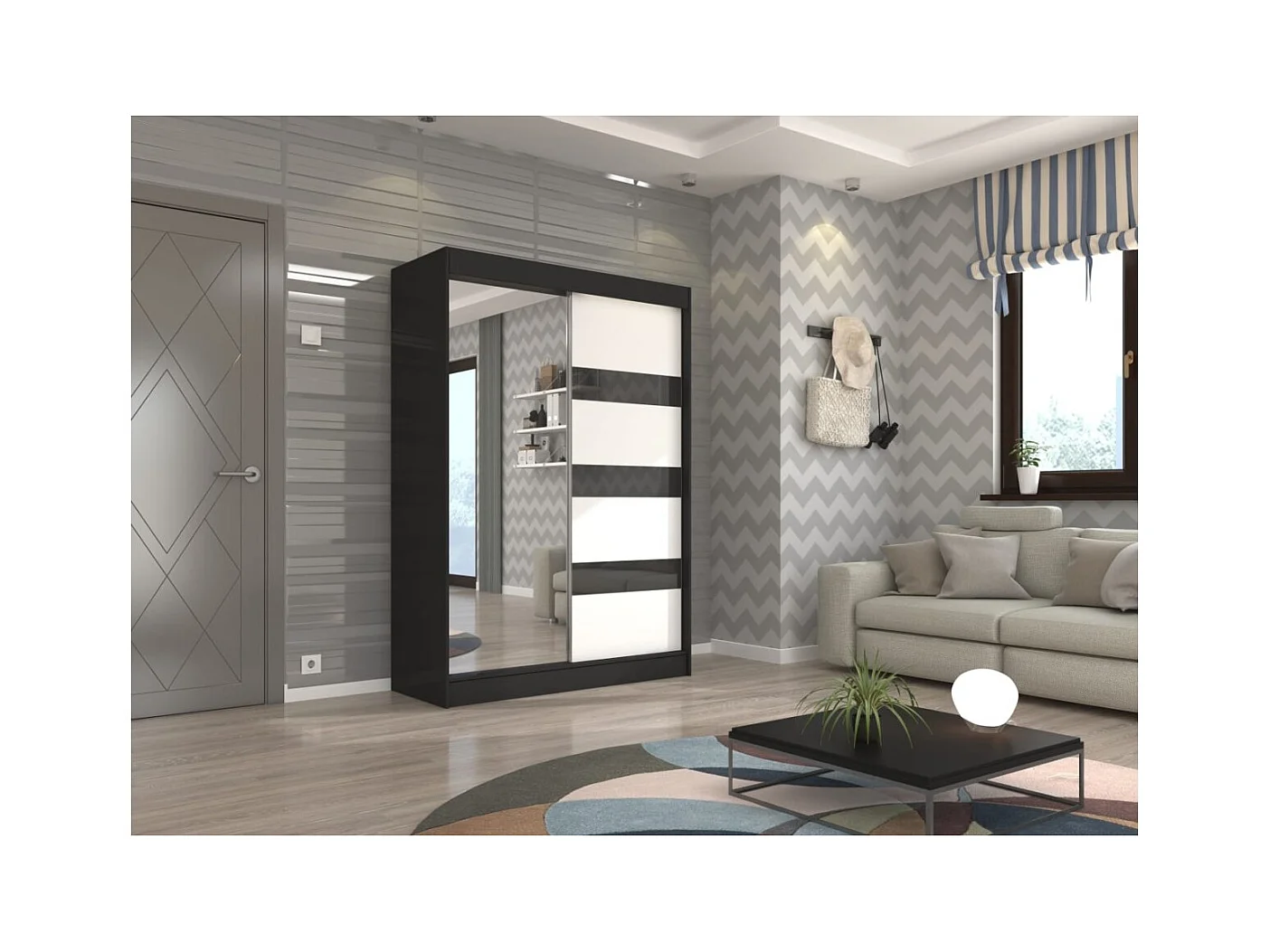 Kleiderschrank Thora (150cm)/Spiegel/Schiebetüren/Schwarz&Weiss