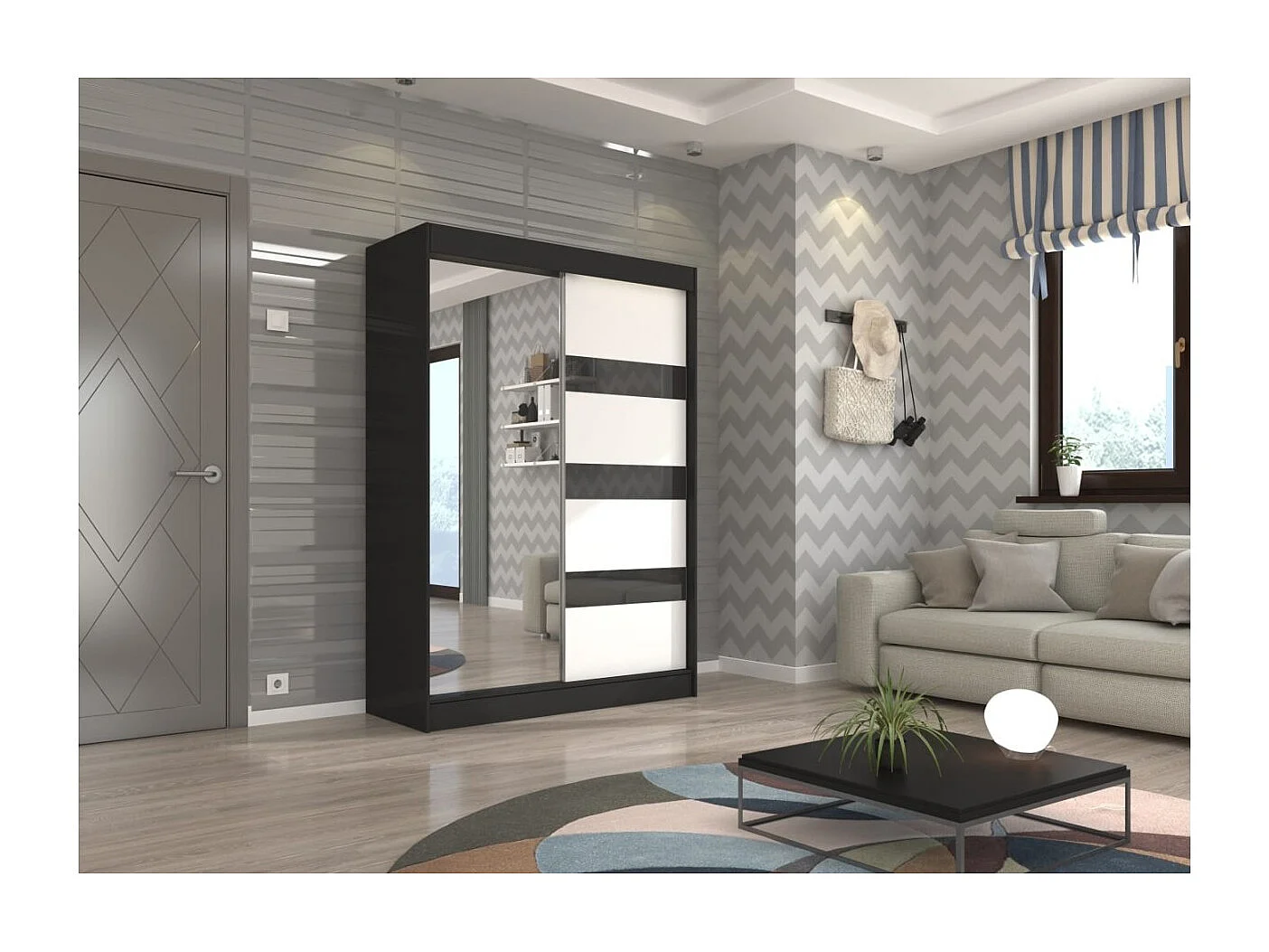 Armadio Thora (150cm)/Specchio/Ante scorrevoli/Nero&Bianco