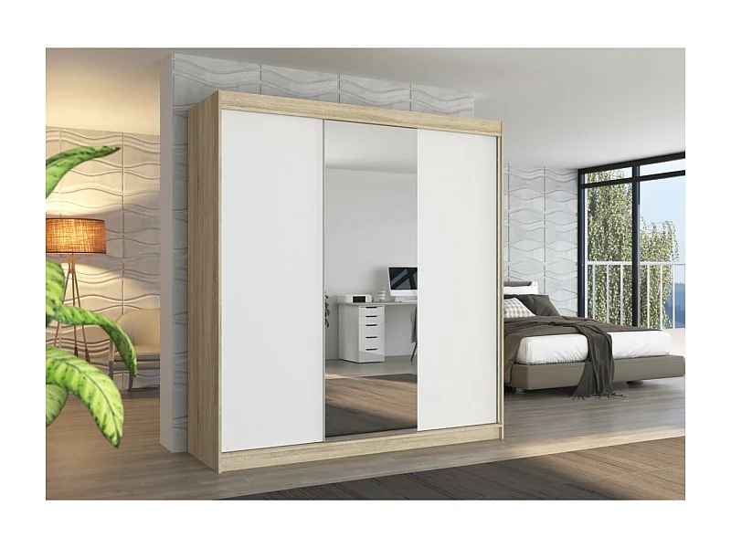 Armoire Lima (200cm)/Miroir/Portes coulissantes/Sonoma&Blanc