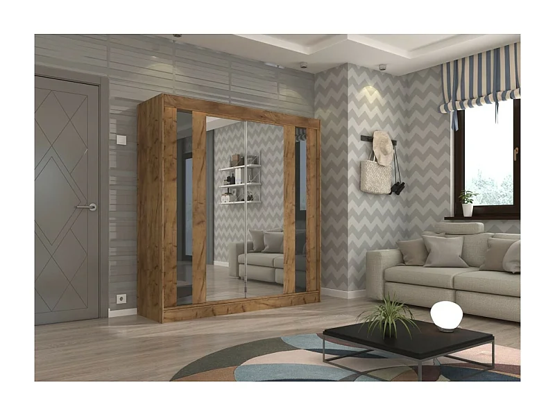 Kleiderschrank Kiran (200cm)/Spiegel/Schiebetüren/Braun