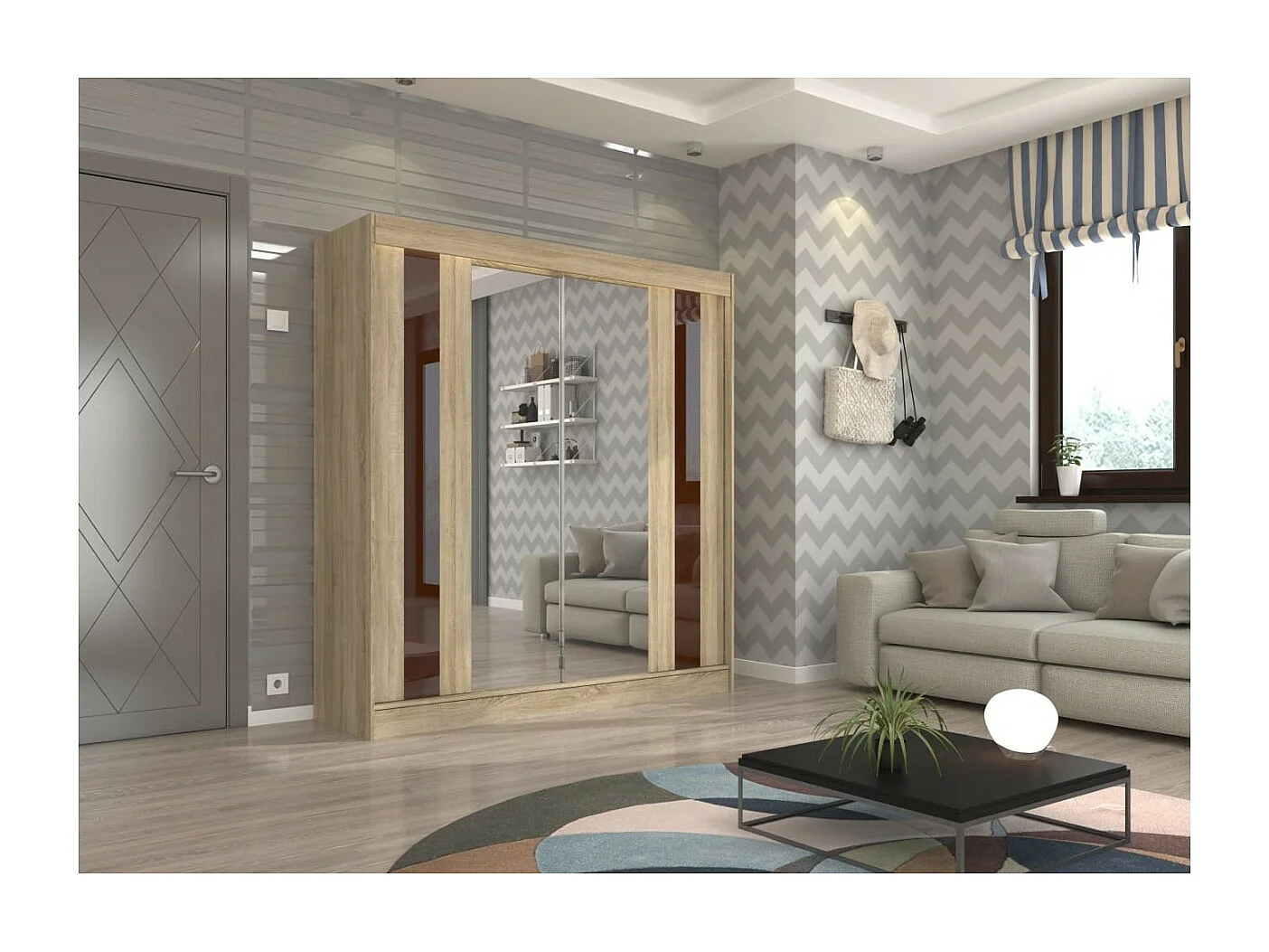 Armoire Kiran (200cm)/Miroir/Portes coulissantes/Sonoma