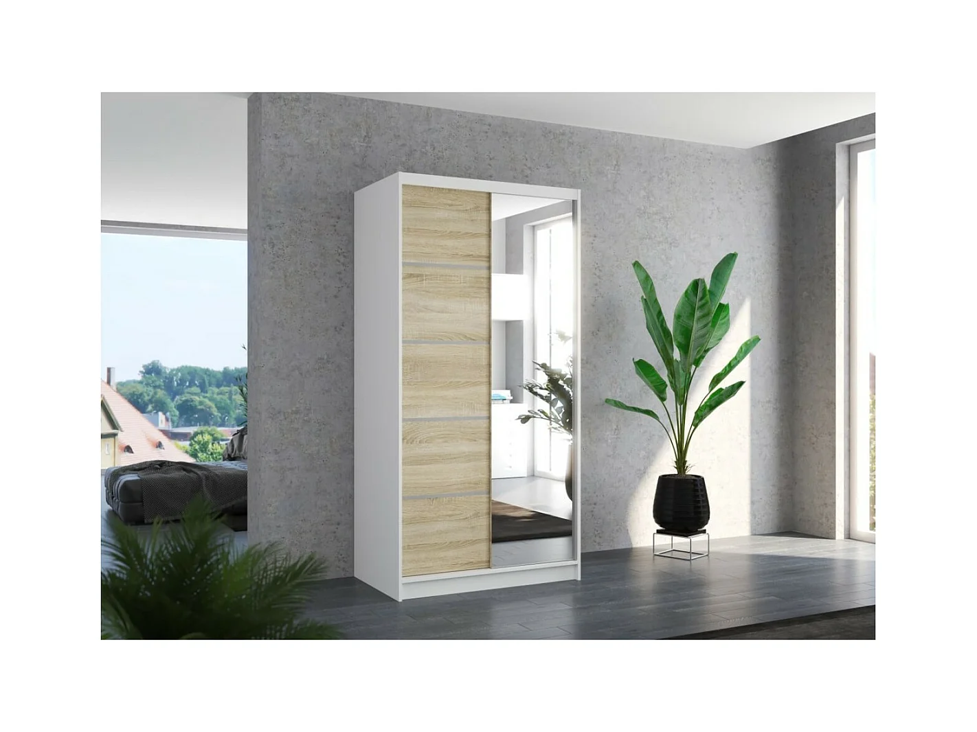 Armoire Pino (100cm)/Miroir/Portes coulissantes/Blanc&Sonoma