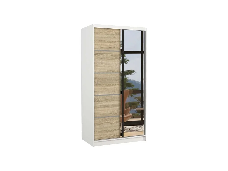 Armoire Pino (100cm)/Miroir/Portes coulissantes/Blanc&Sonoma