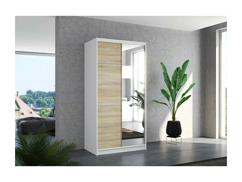 Armadio Pino (100cm)/Specchio/Ante scorrevoli/Bianco&Sonoma