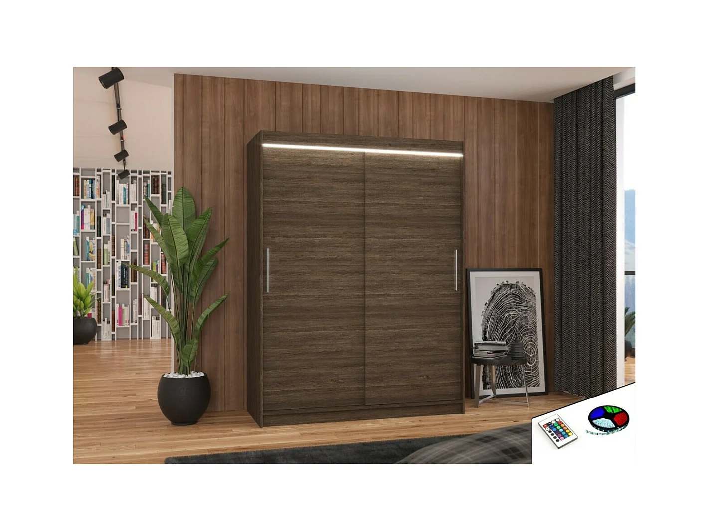 Armadio Lucio (150cm)/ante scorrevoli/LED/Marrone