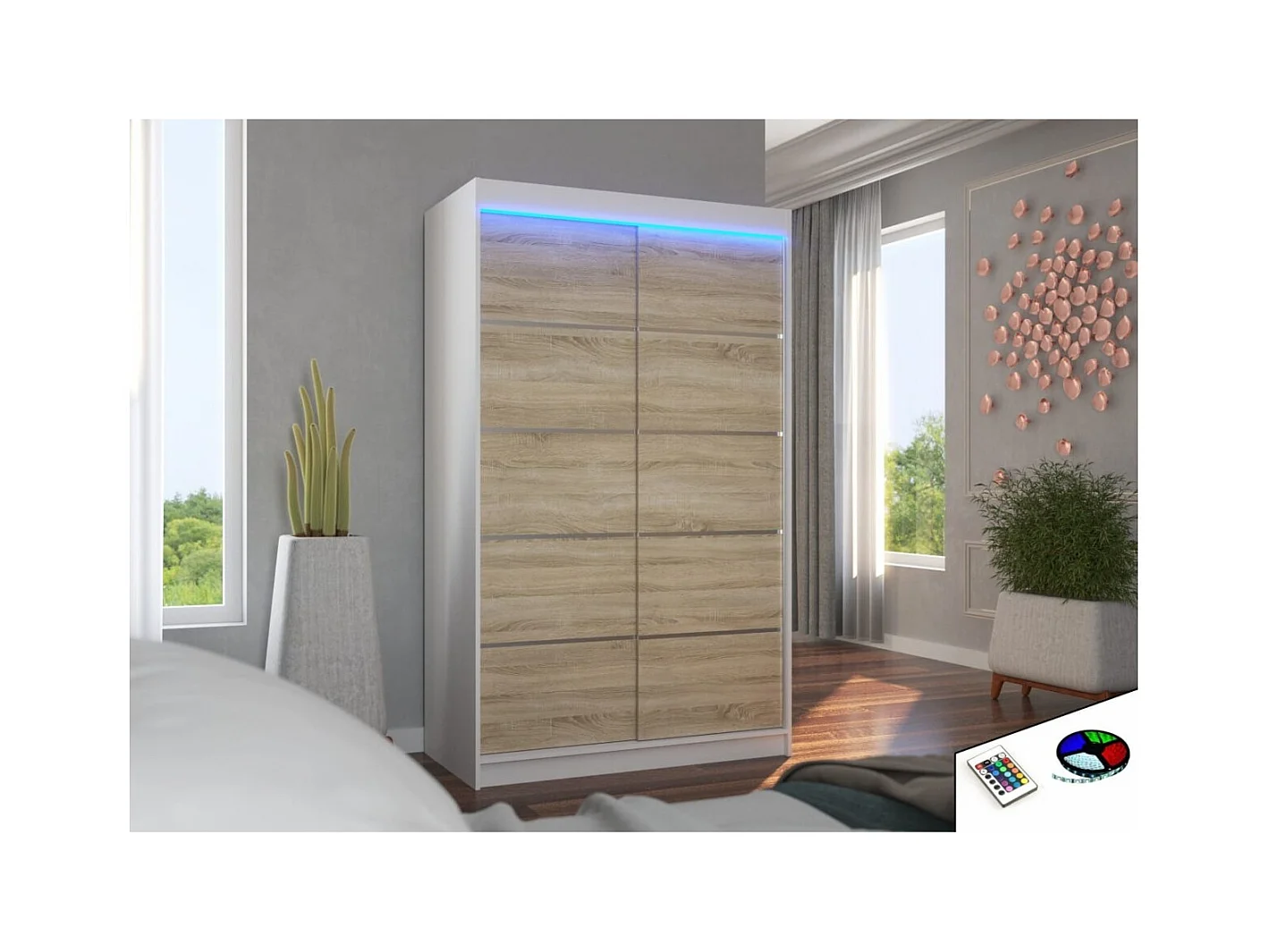 Armadio Tamon (120cm)/ante scorrevoli/LED/Bianco&Sonoma