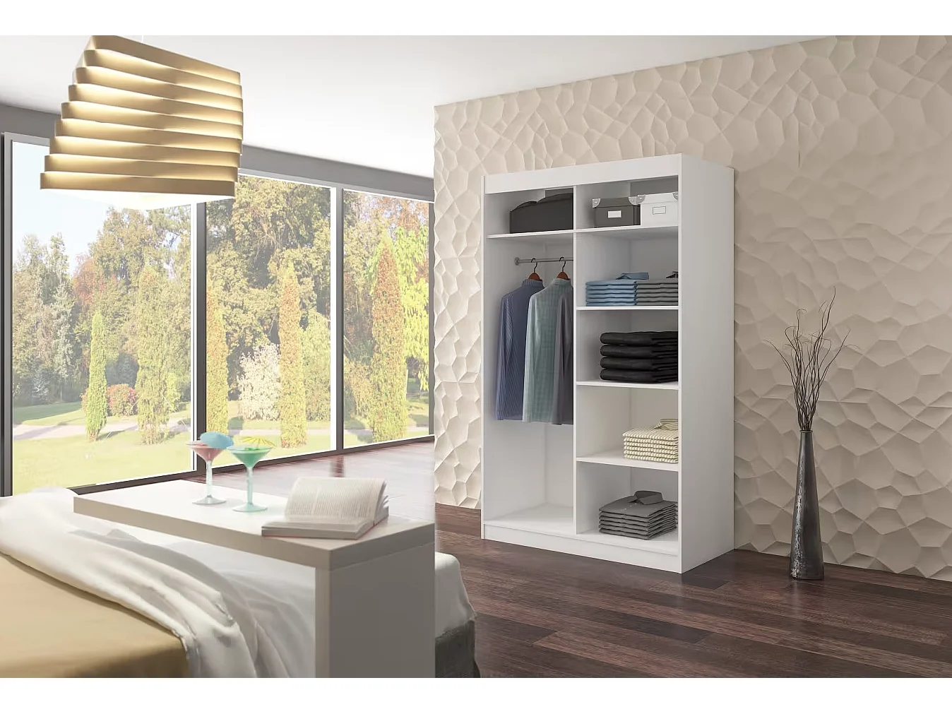 Armadio Tamon (120cm)/ante scorrevoli/LED/Bianco&Sonoma