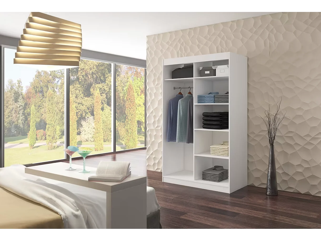 Armadio Tamon (120cm)/ante scorrevoli/LED/Bianco&Sonoma