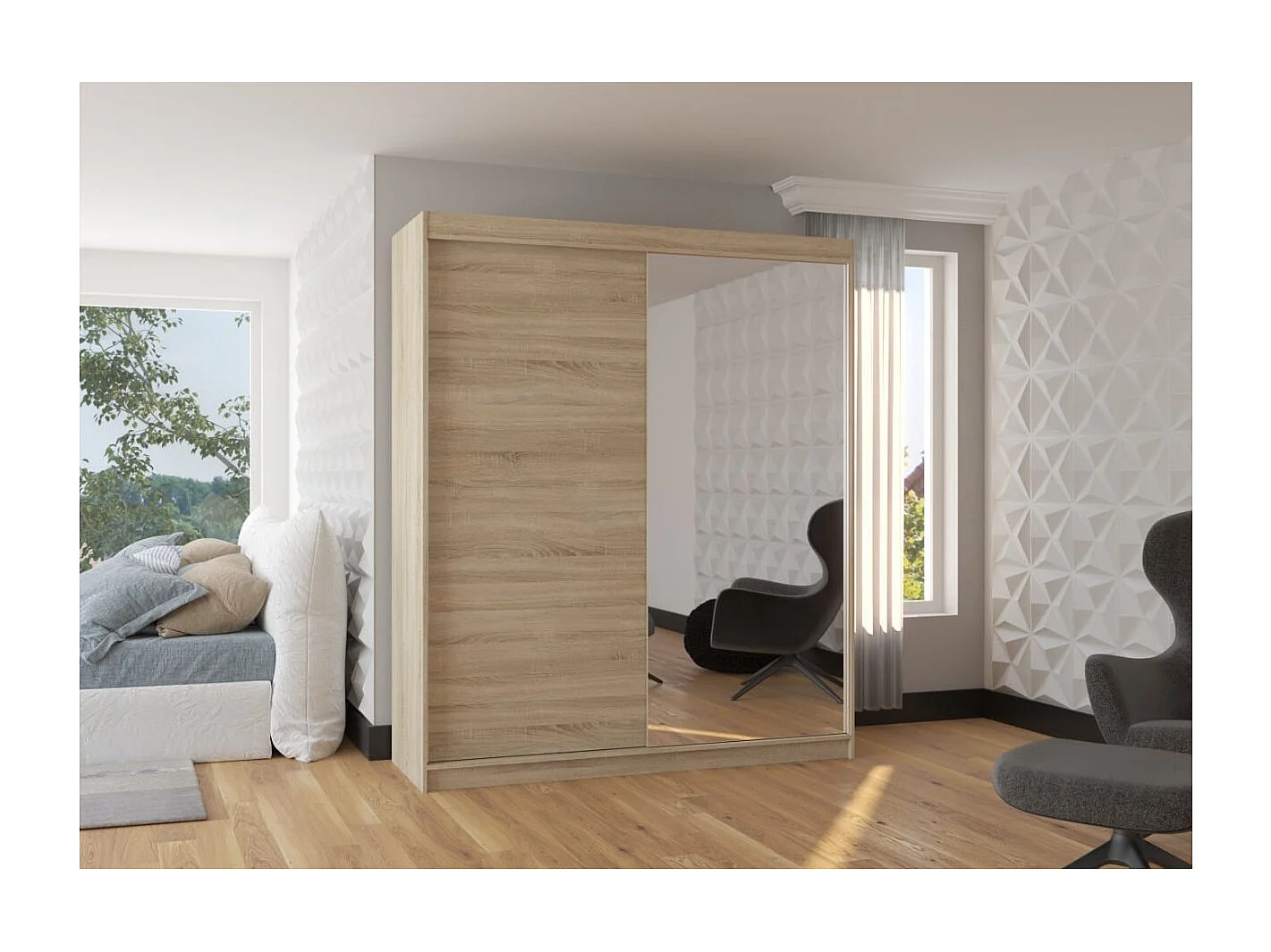 Armoire Vigi (180cm)/Miroir/Portes coulissantes/Sonoma