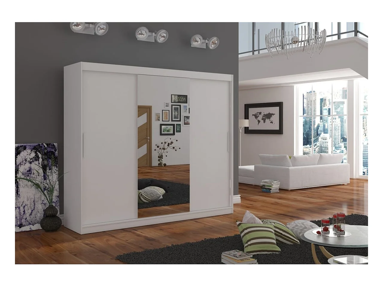 Armoire Bargala (250cm)/Miroir/Portes coulissantes/Blanc