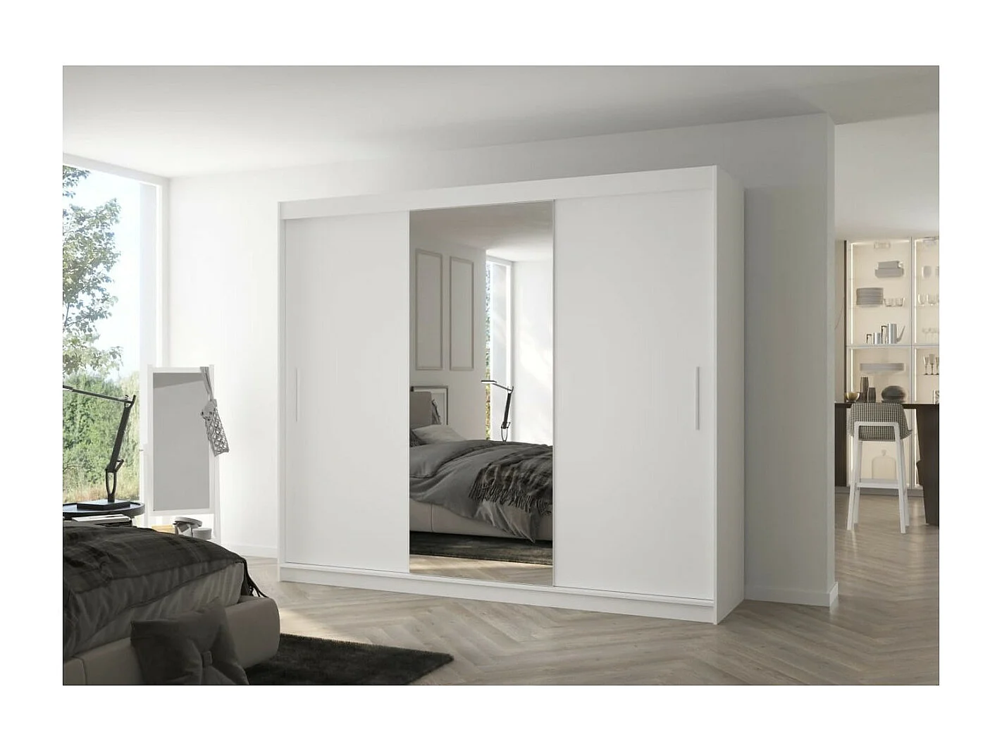 Armoire Bargala (250cm)/Miroir/Portes coulissantes/Blanc
