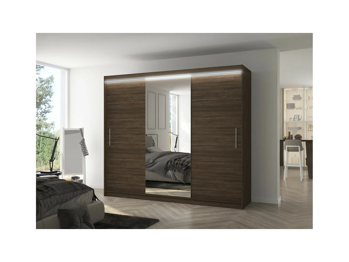 Armoire Bargala (250cm)/Miroir/LED/Portes coulissantes/Marron